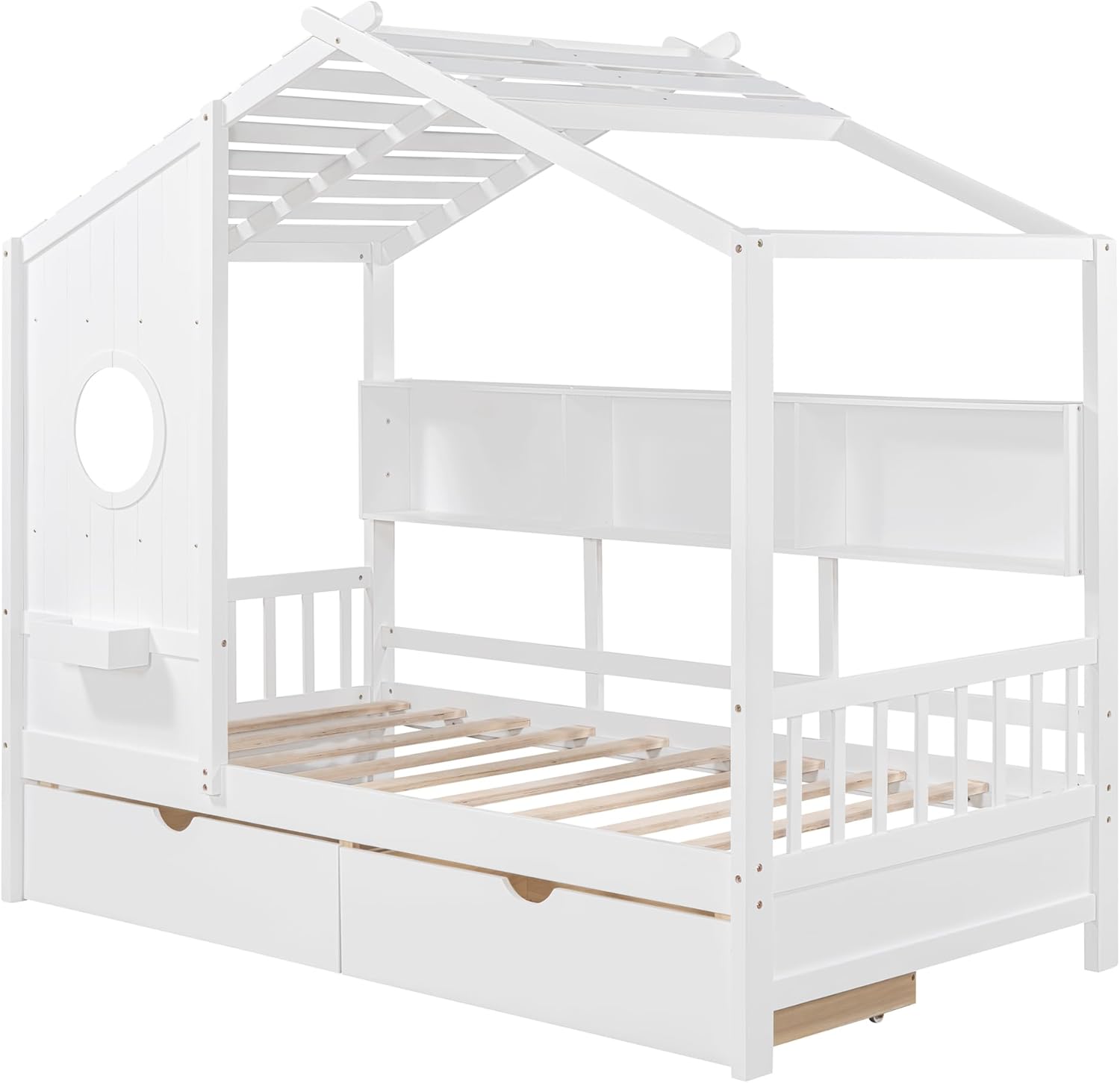 Twin Size Wooden House Bed with 2 Drawers, Modern Design Kids Bed Frame with Storage Shelf for Kids Teens Adults, Wood Slat Support, No Box Spring Needed, Easy Assembly (White)