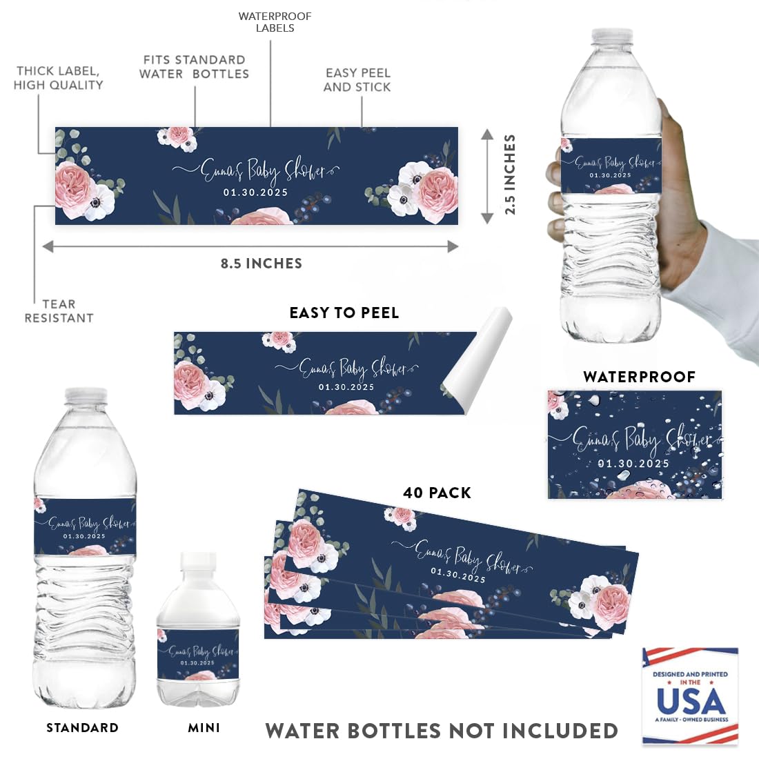 Andaz Press Personalized Winter Navy Blue with Eucalyptus Blossoms Baby Shower Party Collection, Water Bottle Label Stickers, Custom Name and Date, Floral Design, 20-Pack, Baby Shower Decorations