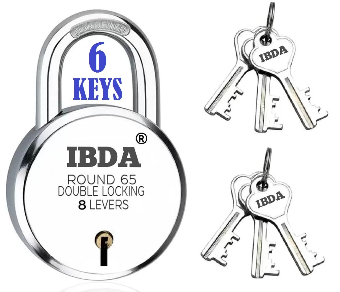 IBDA Lock with 6 Keys 65mm | Double Locking | 8 Levers High Security Technology | Rivetless Steel Body Padlock | Lock for Home, Shutter, gate, Door, kadi, Channel, Chain, Shop, School, Warehouse (B0CK52GKBH) Amazon Price History, Amazon Price Tracker