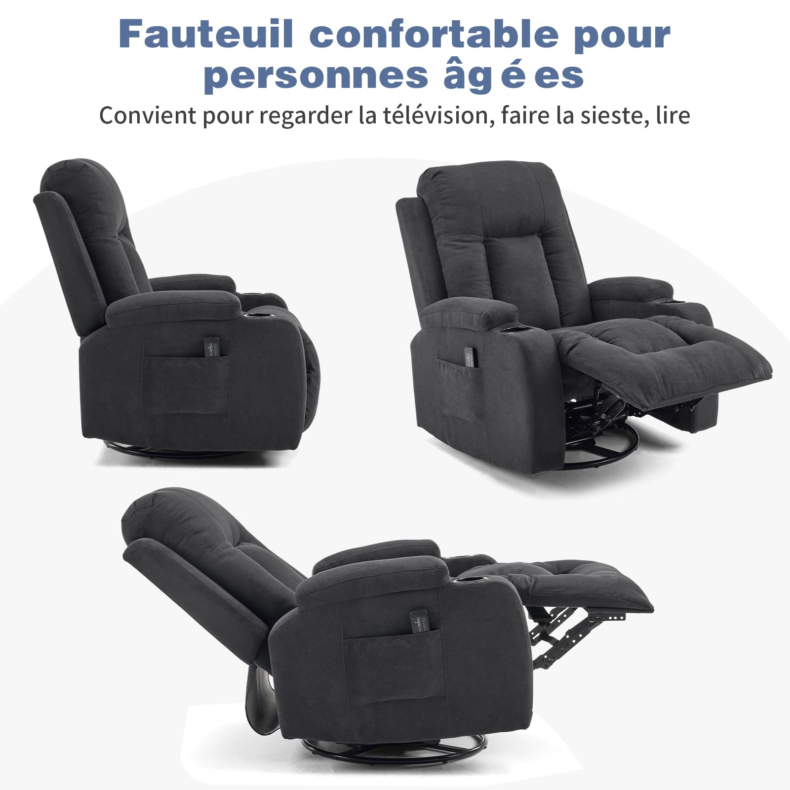 LEADZM Fauteuil Relax avec Fonction électrique Massage,avec 360° Chaleu et Tourner Réglage Manuel de Inclinaison Fauteuil Relaxant avec Repose-Pied,Télécommandes,Noir
