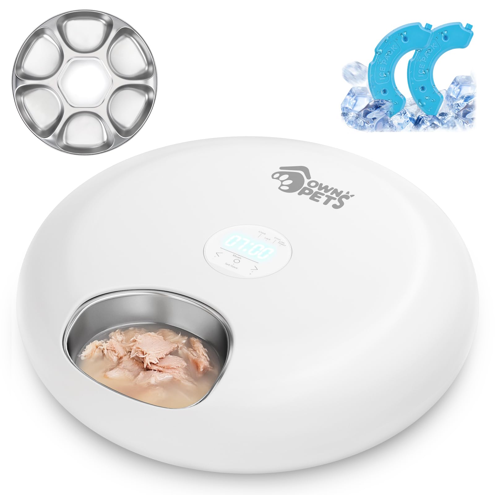 Ownpets Automatic Cat Feeder for Wet Food, with Stainless Steel Tray, 6 Meals Rechargeable Auto Pet Feeder with 2 Ice Packs, Cat Food Dispenser for Cats Small Dogs