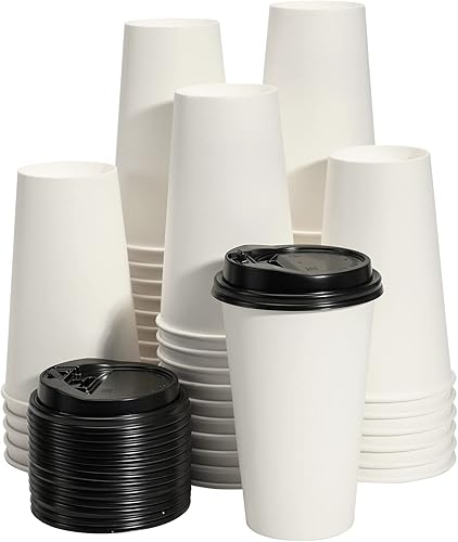 RACETOP Juego de 100 tazas de café de papel con tapas, tazas de café desechables con tapas, vasos de papel para bebidas calientes de 16 onzas,