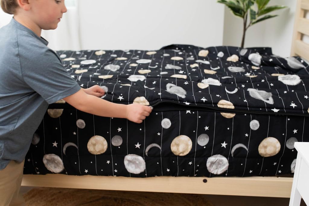 Beddy's Space Theme Kids Durable Zipper Bedding, Bed in a Bag, Black Sheets and Universe Galaxy Comforter with Stars & Solar System, Includes Pillowcase and Sham, Easy to Make and Wash Zip Bedding