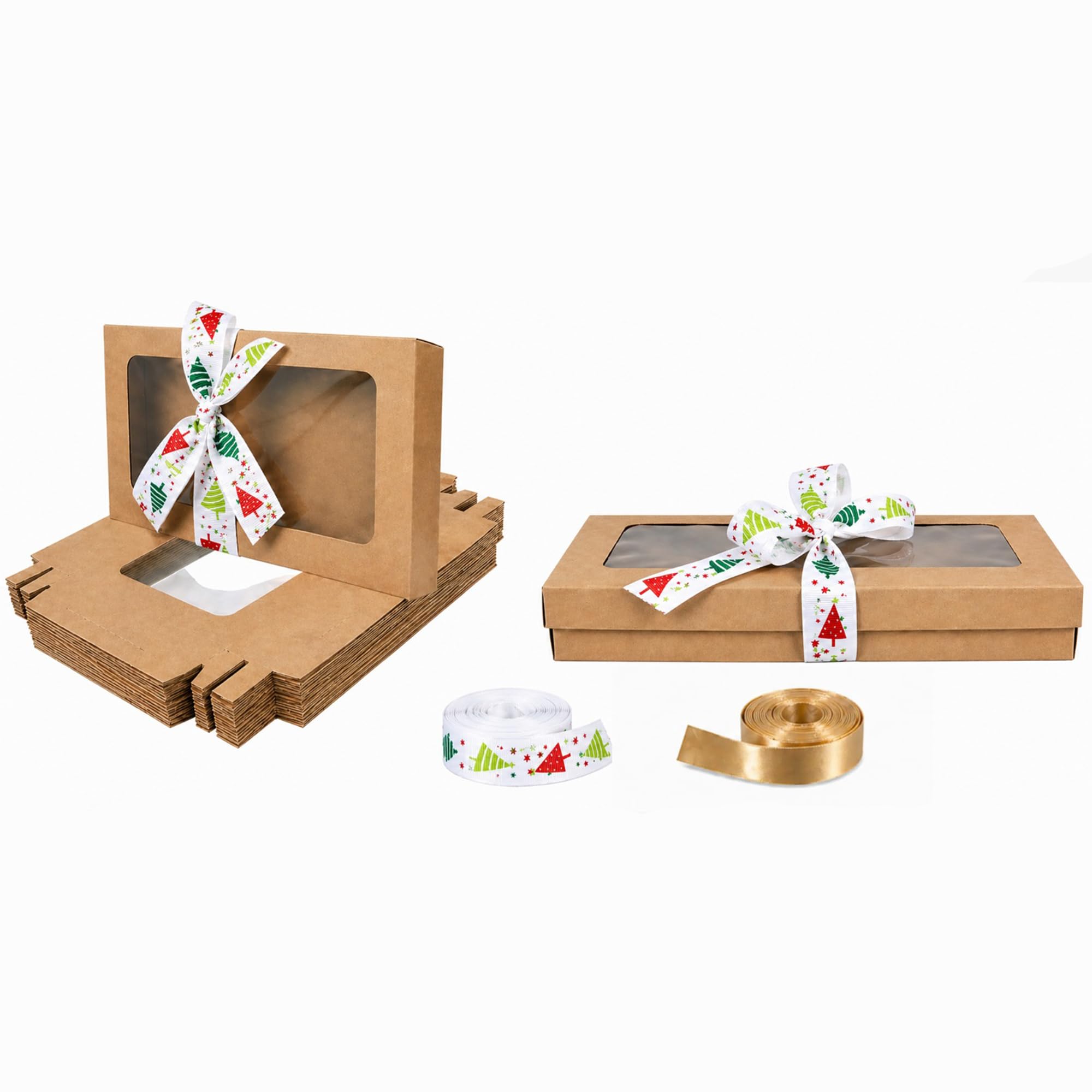 Emartbuy Pack of 12 White and Brown Gift Boxes with Clear Window Lid & White Tree Satin Ribbon - Small Slim 21 x 12.5 x 2.5 cm - Recyclable Kraft Presentation Box for Hampers, Weddings & Favours