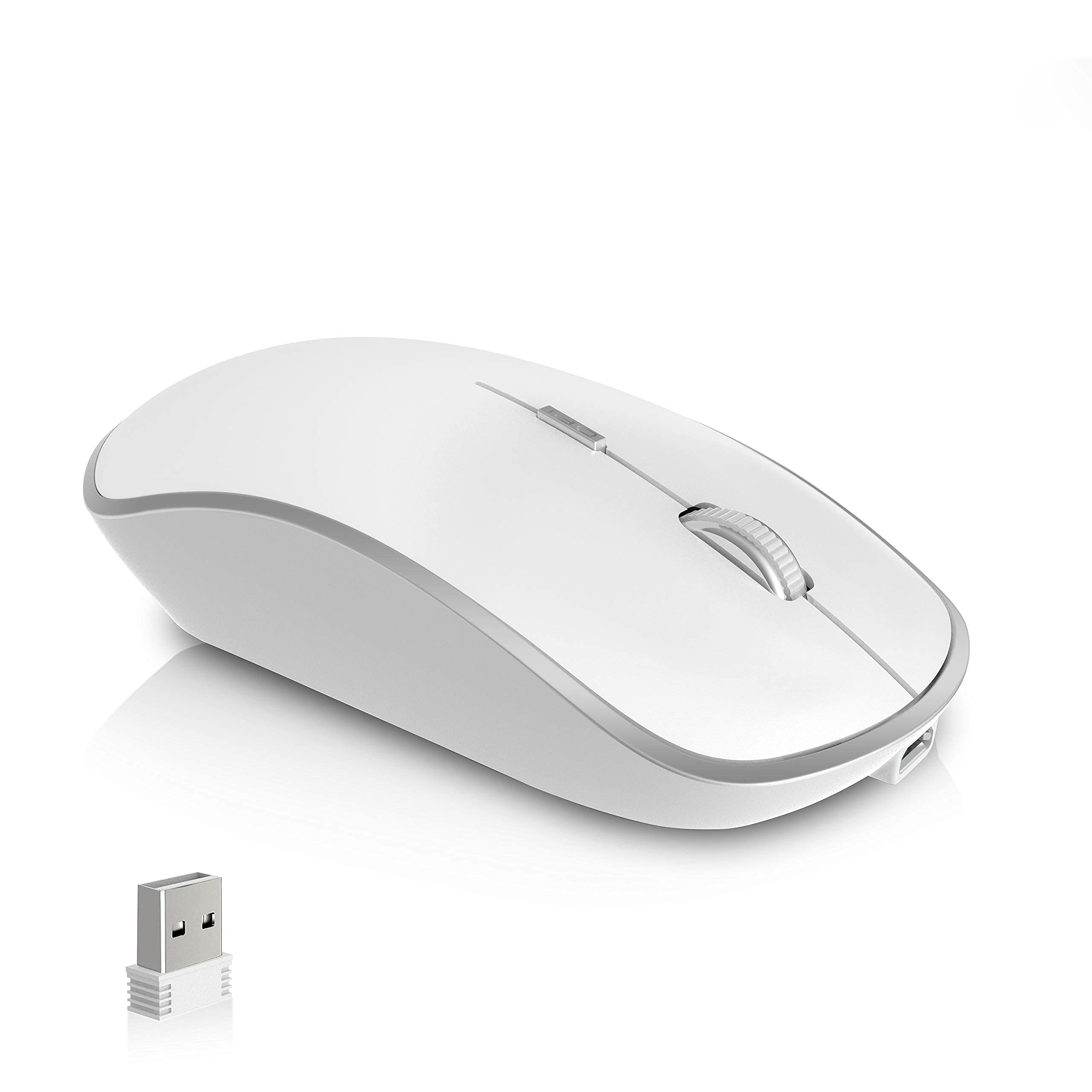 JOYACCESSRechargeable Wireless Mouse for Laptop, Silent Portable Cordless Mouse for Laptop with USB Nano Receiver and High Precision 2400 DPI-Silver+White