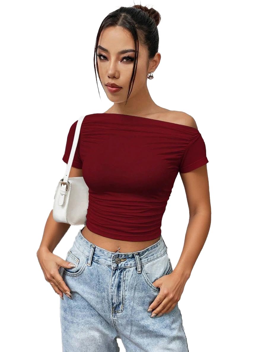 istyle can Women’s Korean Solid Pleated Cropped Top – Asymmetric Collar, Ruched Slim Fit, Half Sleeve Casual Short Top for Girls & Women-picture-19