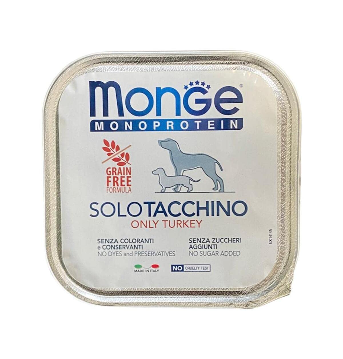 Monge Monoprotein Cibo umido per Cane solo Tacchino, naturalmente senza coloranti, conservanti e zuccheri aggiunti. Confezione da 24 vaschette (1 = 150gr.)