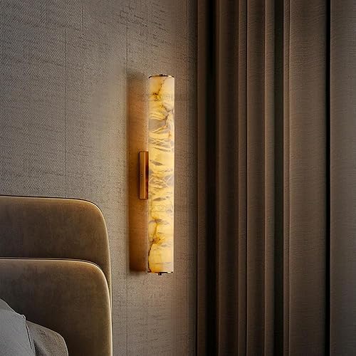 Miniatura 2 de Aplique de pared moderna para baño, ideal para inquilinos. Lámpara de pared de latón con soporte de cristal natural, mármol y piedra. Tira LED larga