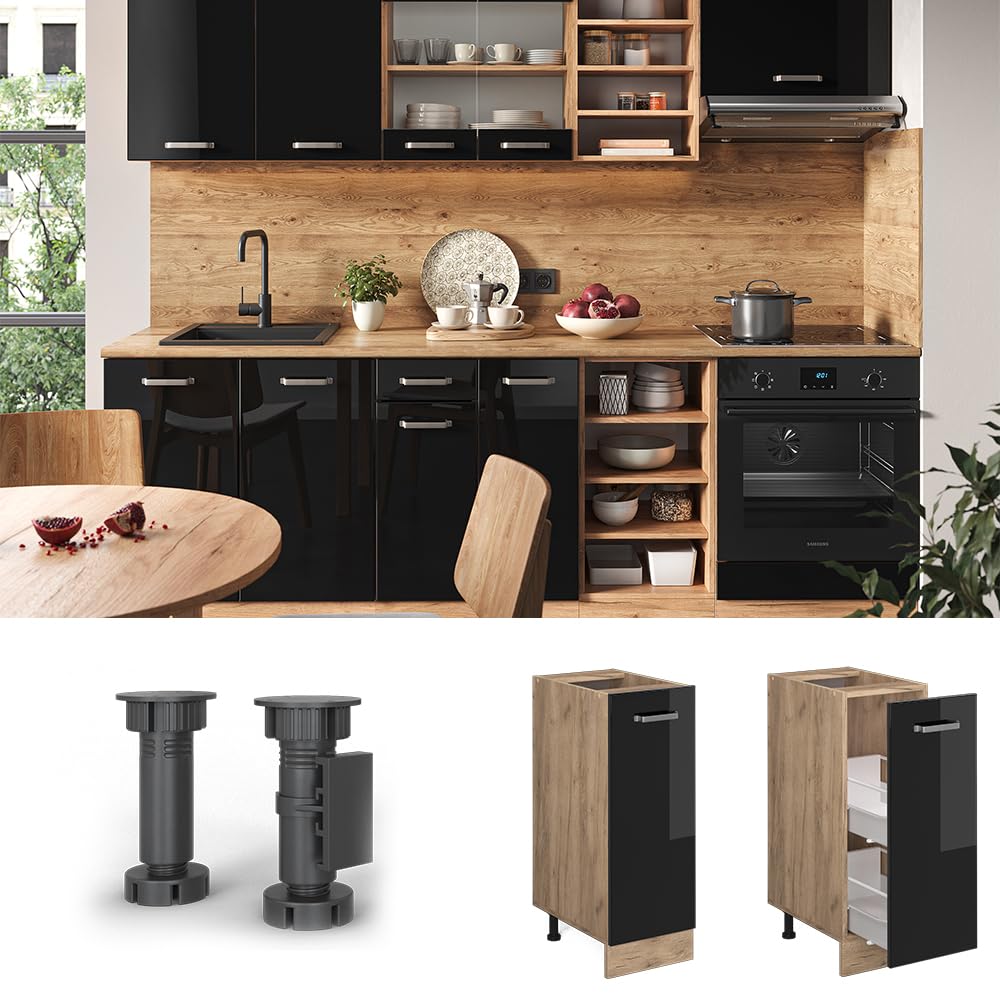 Vicco Armadio cucina dispensa alto R-Line, Nero lucido, 30 cm senza piano di lavoro, per la libera combinazione all'interno di sistemi cucina modulari
