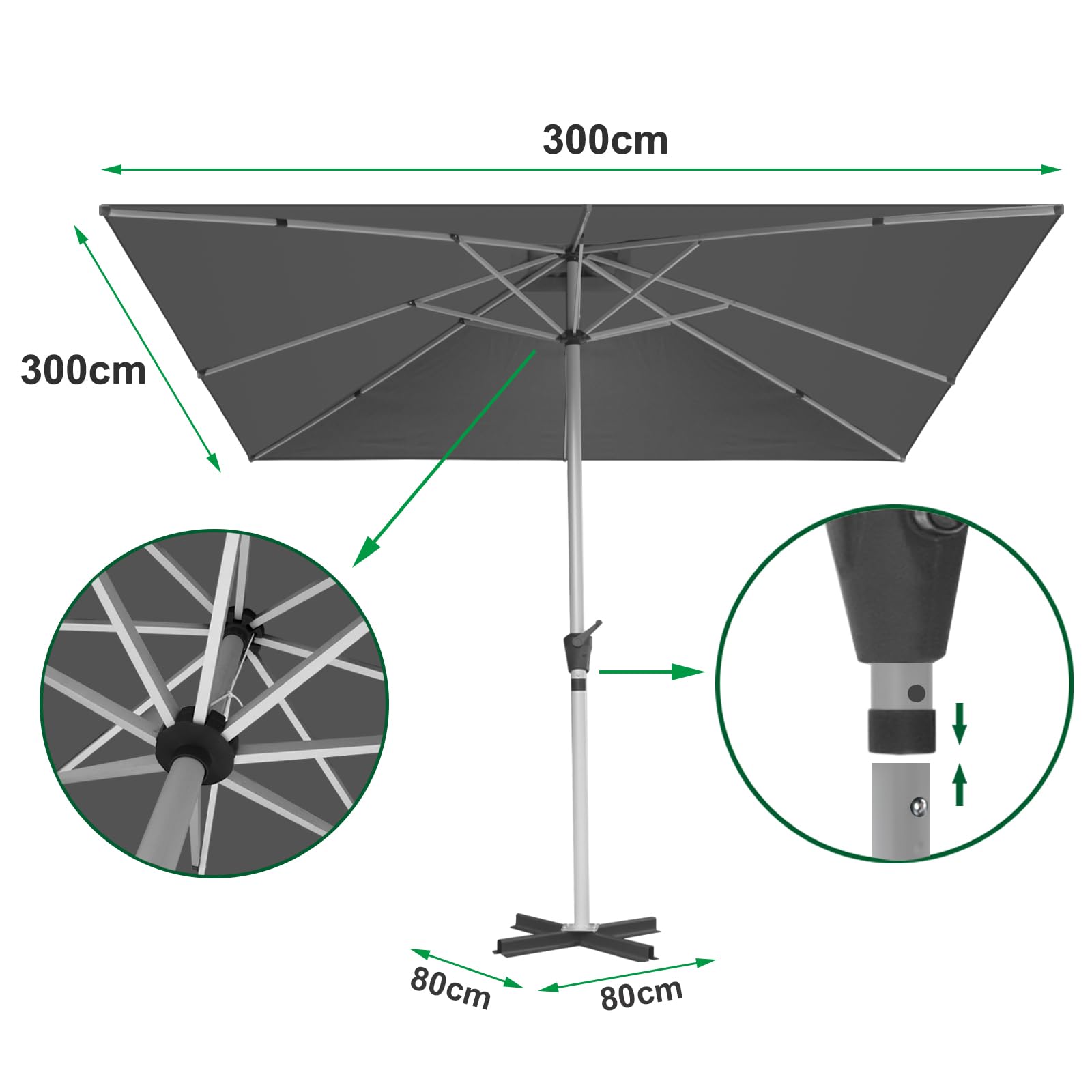RANSENERS Sonnenschirm 300 x 300 cm mit Kreuzfuß, 8 Rippen, Extra Dicker Gewebe, UV 50+, für Garten, Terrasse, Cafe im Freien