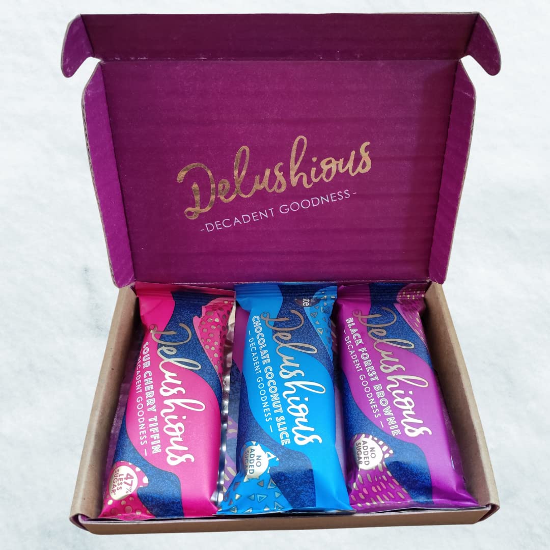 Delushious Selection Box, Gluten Free, Low Sugar, Great Taste Award Winning Indulgent Cakes, Healthy Snack, 50% Profits to Charity | Handmade in England