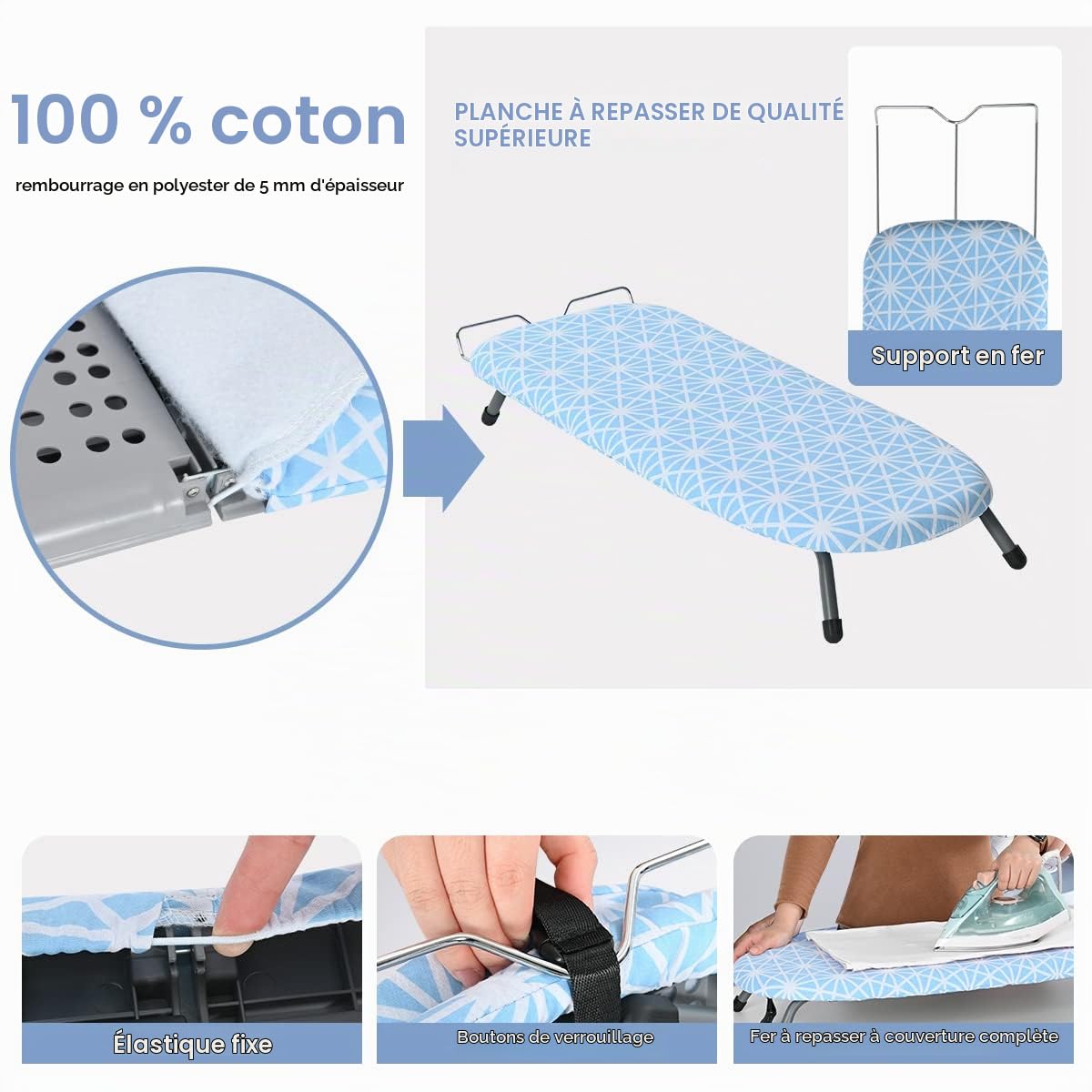 Johgee Table à repasser pliable avec repose-fer,Table à repasser compacte et pliable avec 2 housses,Pieds pliables antidérapants,Légère,Peu encombrante,Idéale pour appartements et caravanes,82x32 cm