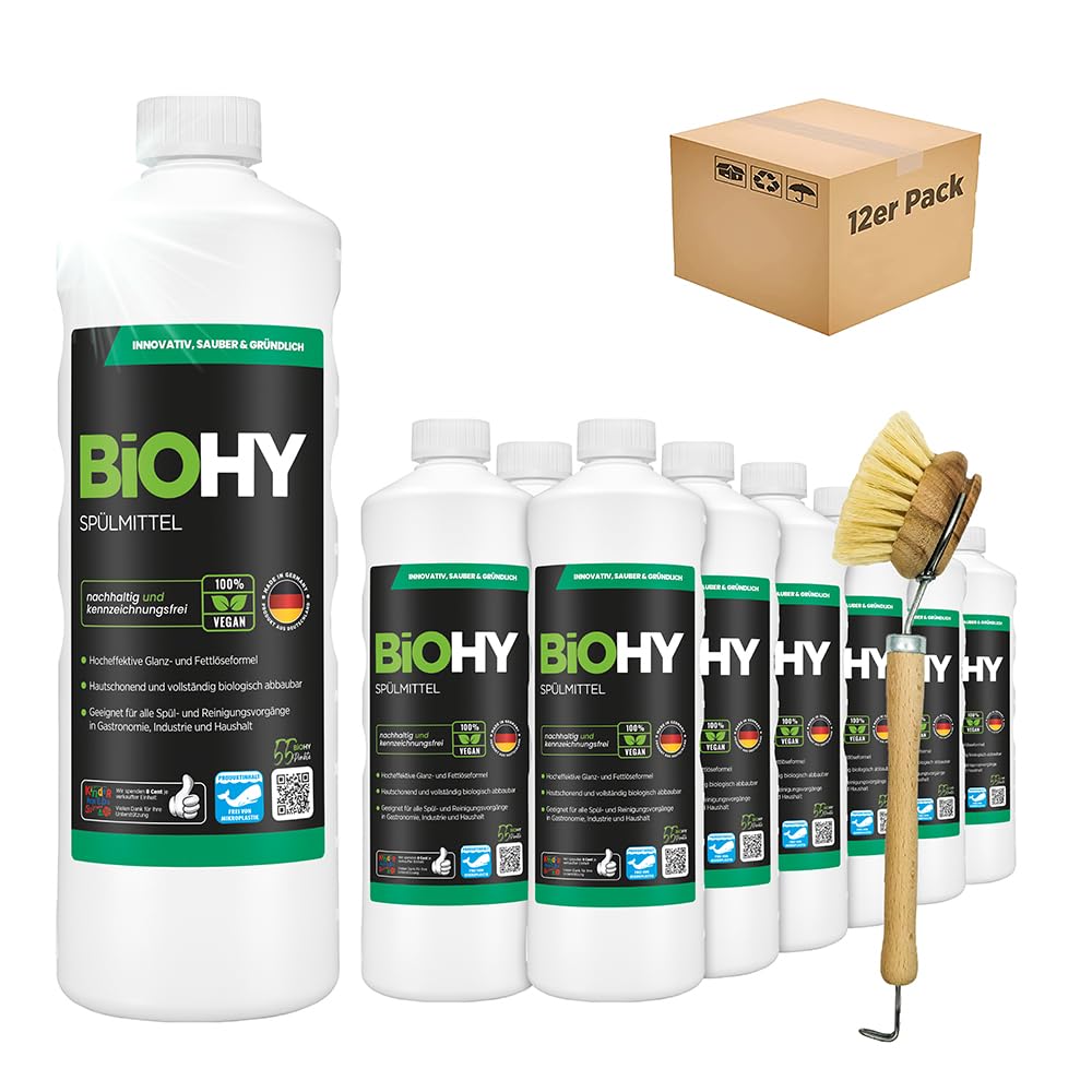 BiOHY Lavavajillas a mano (12 botellas de 1 litro) + Bomba dispensadora | Libre de fosfatos | libre de químicos dañinos y biodegradables | Adecuado para la restauración y el hogar (Spülmittel)