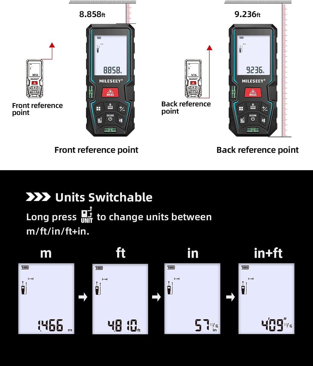 Laser Measure Device 50M, MiLESEEY Laser Distance Meter With 2 Spirit Level Bubbles, ±2mm Accuracy, 2 inch LCD Backlight, Pythagorean Mode, Measure Distance, Area/Volume Calculation — view 3