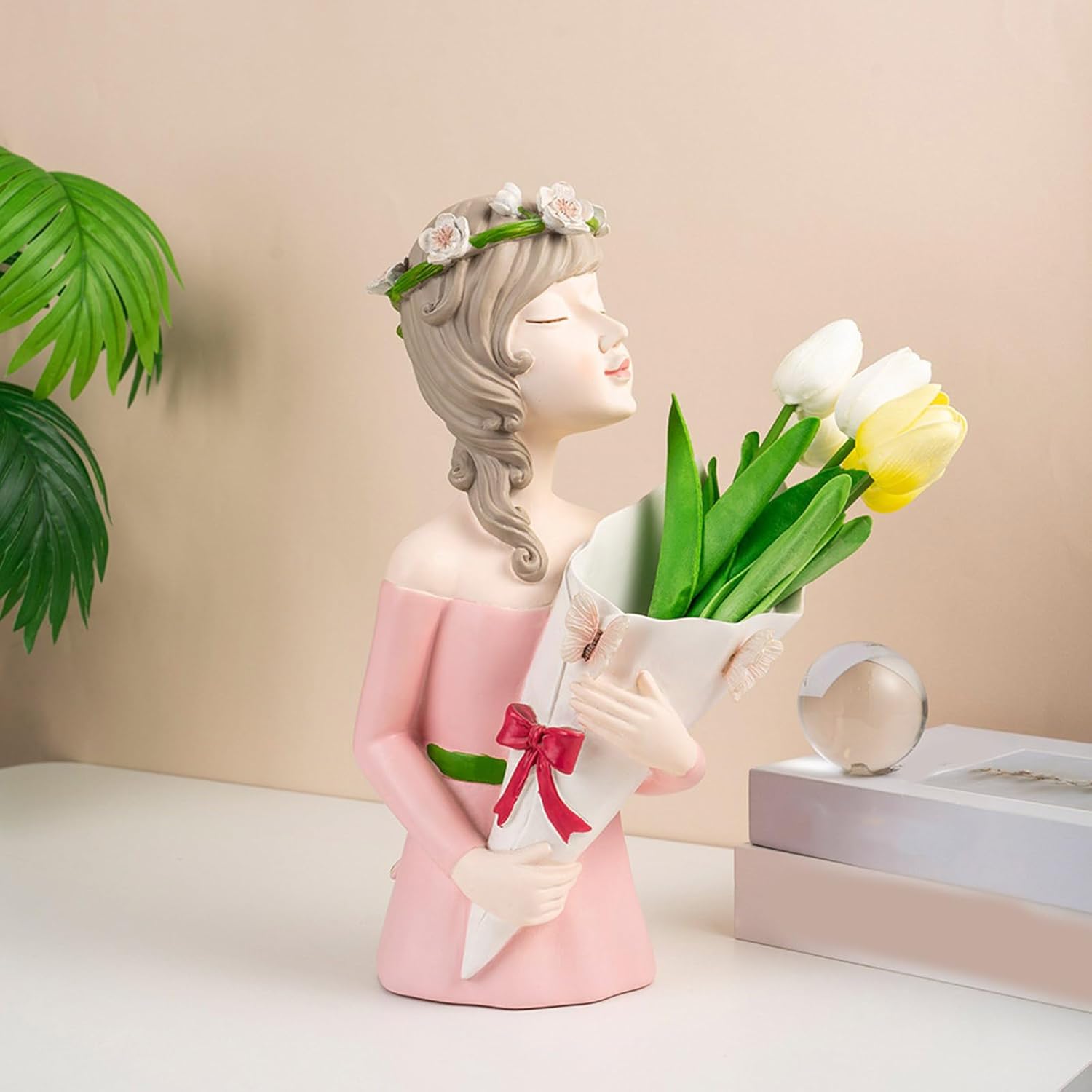 Modern Girl Figurine Flower Vases Plant Pots Resins Sculpture Flower Arrangement Container for Living Room