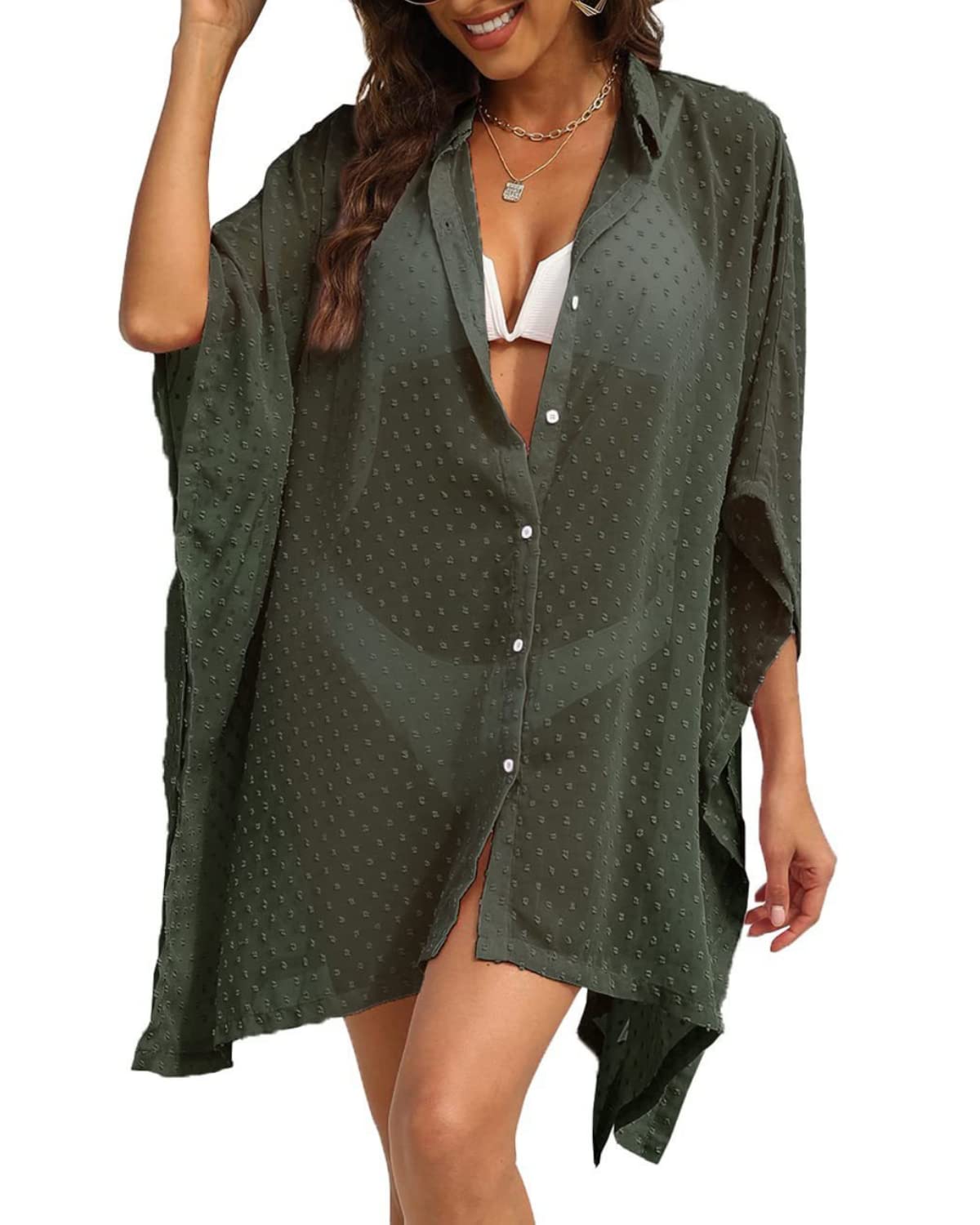 NLAND Vestido de Playa Mujer Casual Camisa con Media Manga Mujer Pareos de Playa Kaftan Suelto de Bikini Cover Up