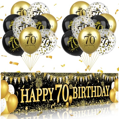 Image of 70th Birthday Decorations - Black Gold 70th Birthday Banner & Balloons for Indoor /Outdoor Parties
