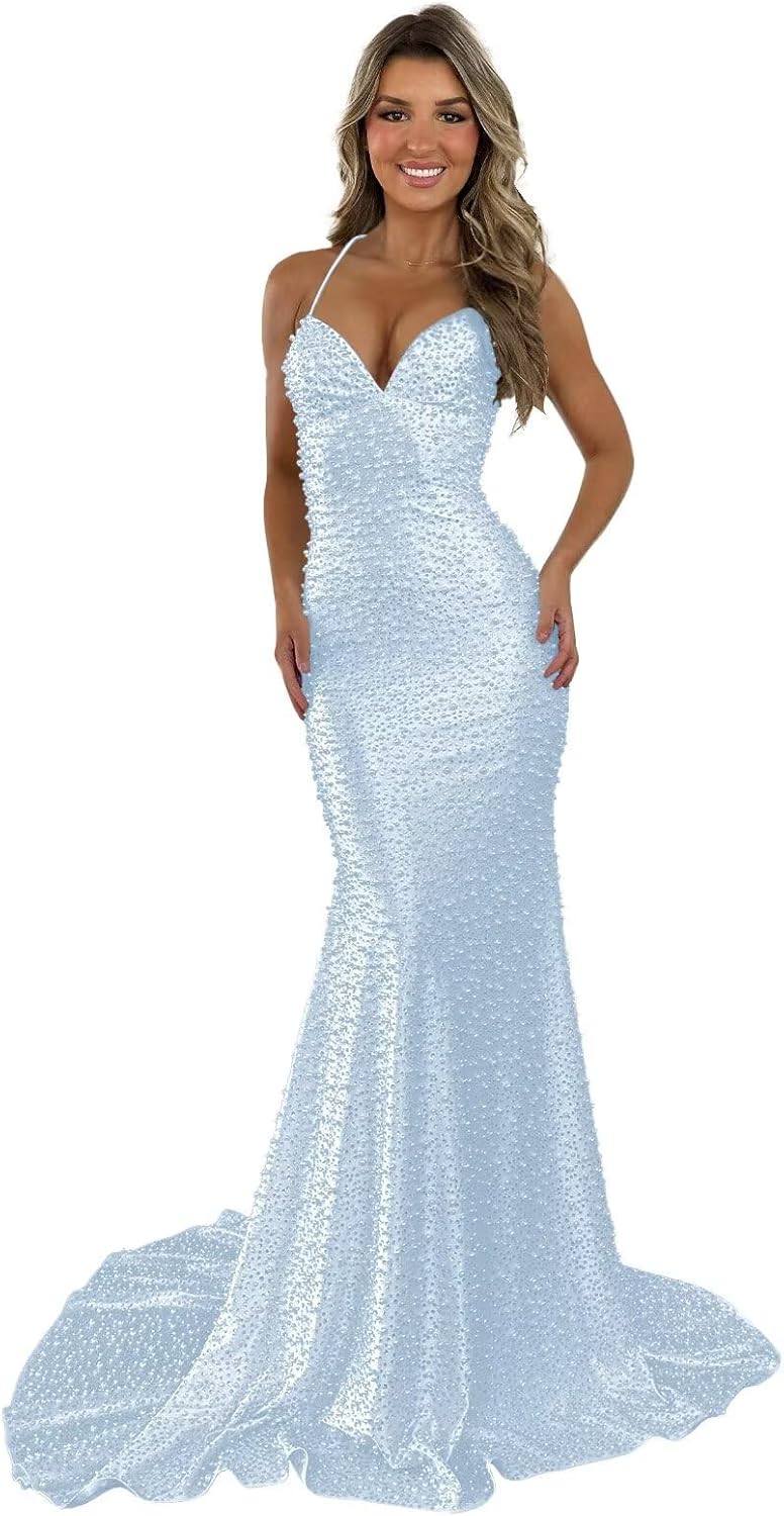 Mermaid Prom Dresses 2026 for Women Sequins Pearls V Neck Open Back Long Formal Evening Gown
