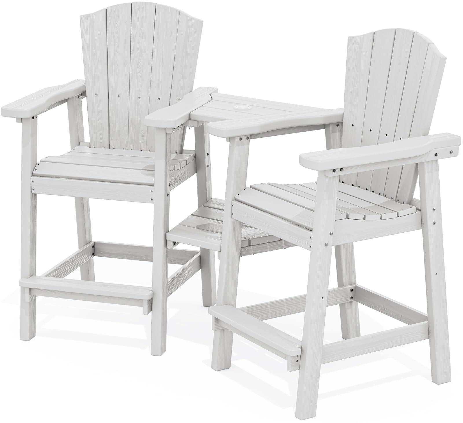 KINGYES Tall Adirondack Chair Set of 2, HDPE Tall Adirondack Barstools with Double Connecting Trays, Embossed Bar Height Adirondack Chair for 2, All Weather Resistant Balcony Adirondack Chairs, White