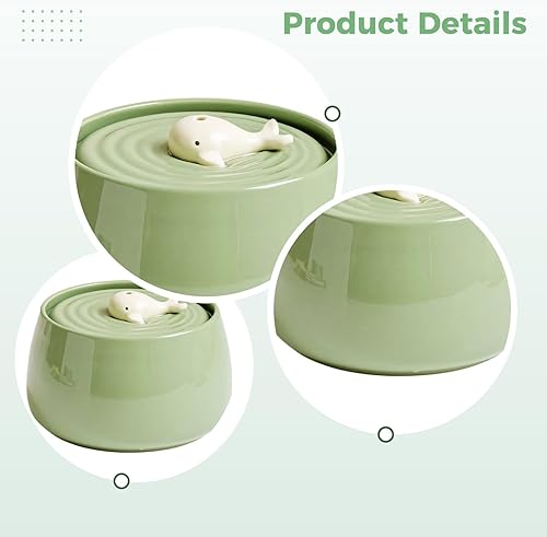 Miniatura 3 de Fuente de agua de cerámica para gatos de 45 onzas con diseño de ballena, cuenco silencioso para mascotas, sistema de doble filtración de carbón