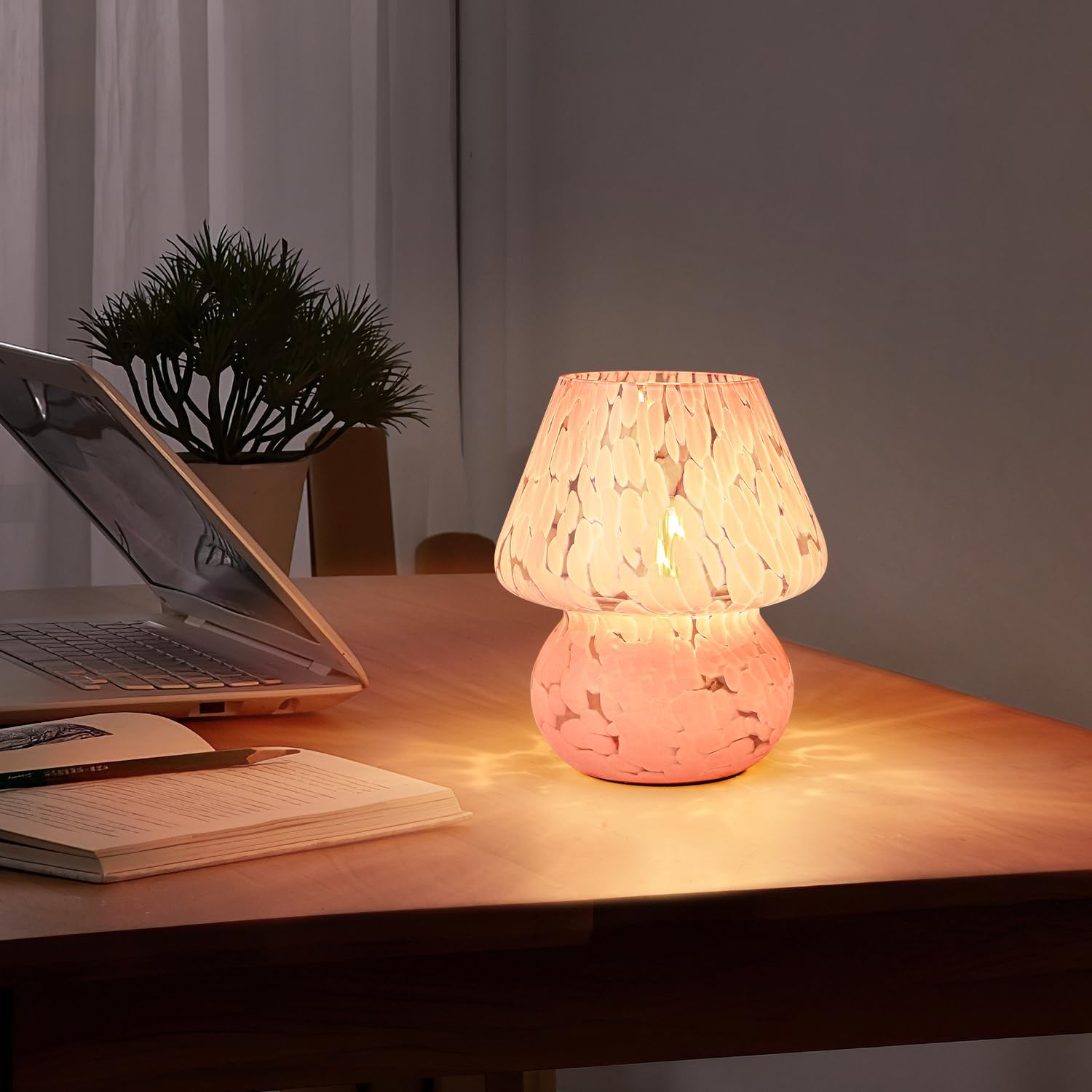 Mushroom Lamp, Small Bedside Table Lamp for Bedroom, Living Room, Cute Nightstand Lamp, Translucent Pink Glass Desk Light with E26 2700K Bulb, Home Decor Gift for Girls Women