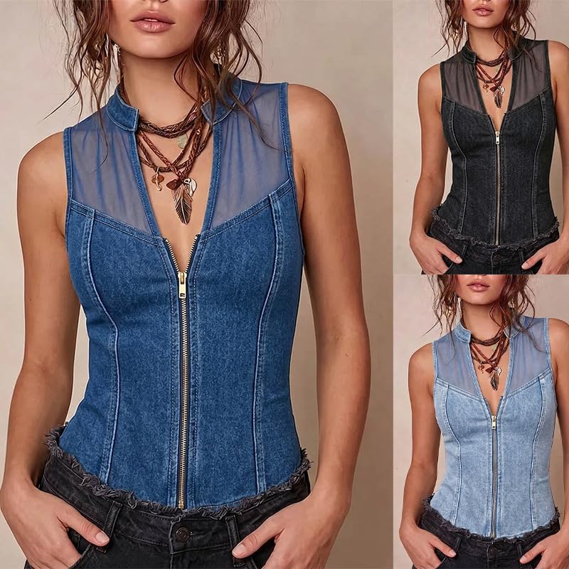 Chaleco vaquero patchwork mujer informal escote en V 2