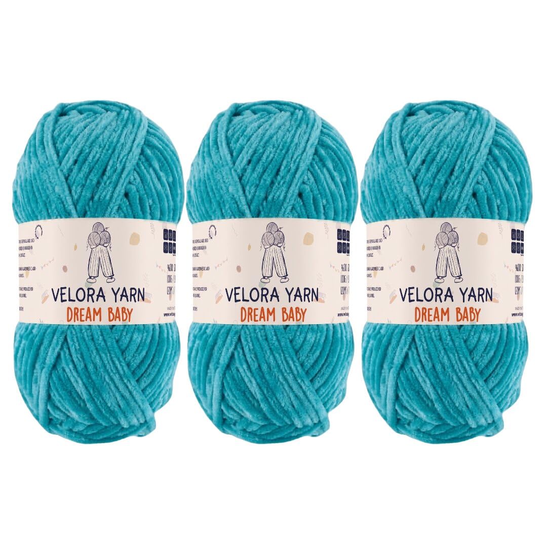 Velora Dream Baby Chenille Yarn Soft Thick Chunky Yarn Skein 100g 120m, Machine Washable for Knitting&Crochet Blanket, Amigurumi, Scarf, Hat,Sweater,Plushies (VY031-Turquoise, Pack of 3)