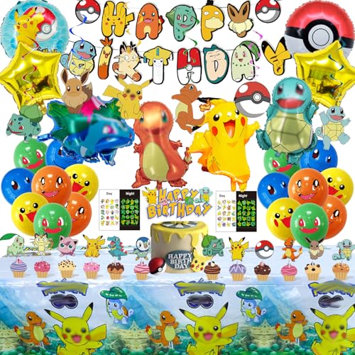 Cartoon themed Kinder Geburtstag Deko 47 Stück Kinder Geburtstag Party Set Enthält Banner Tischdecke Kuchendekoration Hangende Fiquren Tattoo-Aufkleber Anime-Folienballons Latexballons