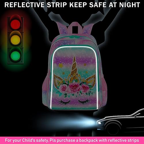 Miniatura 4 de WZLVO Mochila de unicornio de 3 piezas para niñas, 16 pulgadas, mochila preescolar con lonchera, resistente al agua, juego de mochilas escolares