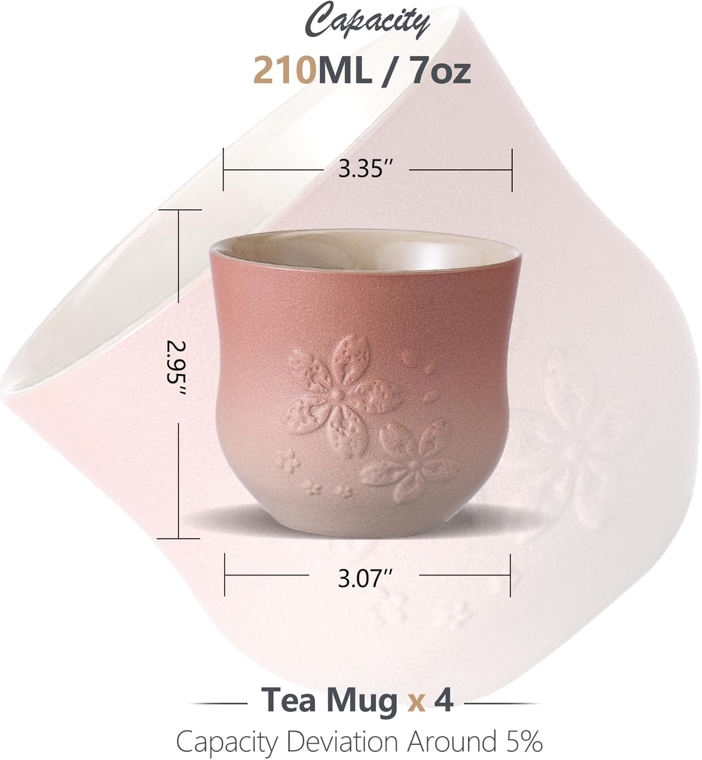 ZENS Japanese Tea Cups Set of 4 – 210ml Ceramic Handleless Tea Cups, Embossed Design, Traditional Japanese Style Cups for Matcha Tea, Hot Tea, Espresso, Pink