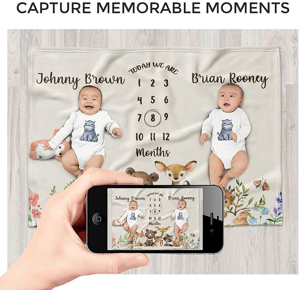 MDPrints Personalized Twin Milestone Blanket, Custom Monthly Baby Blankets with Name for Boys and Girls, 30x40 & 50x60inch Soft Plush Fleece (Brown)
