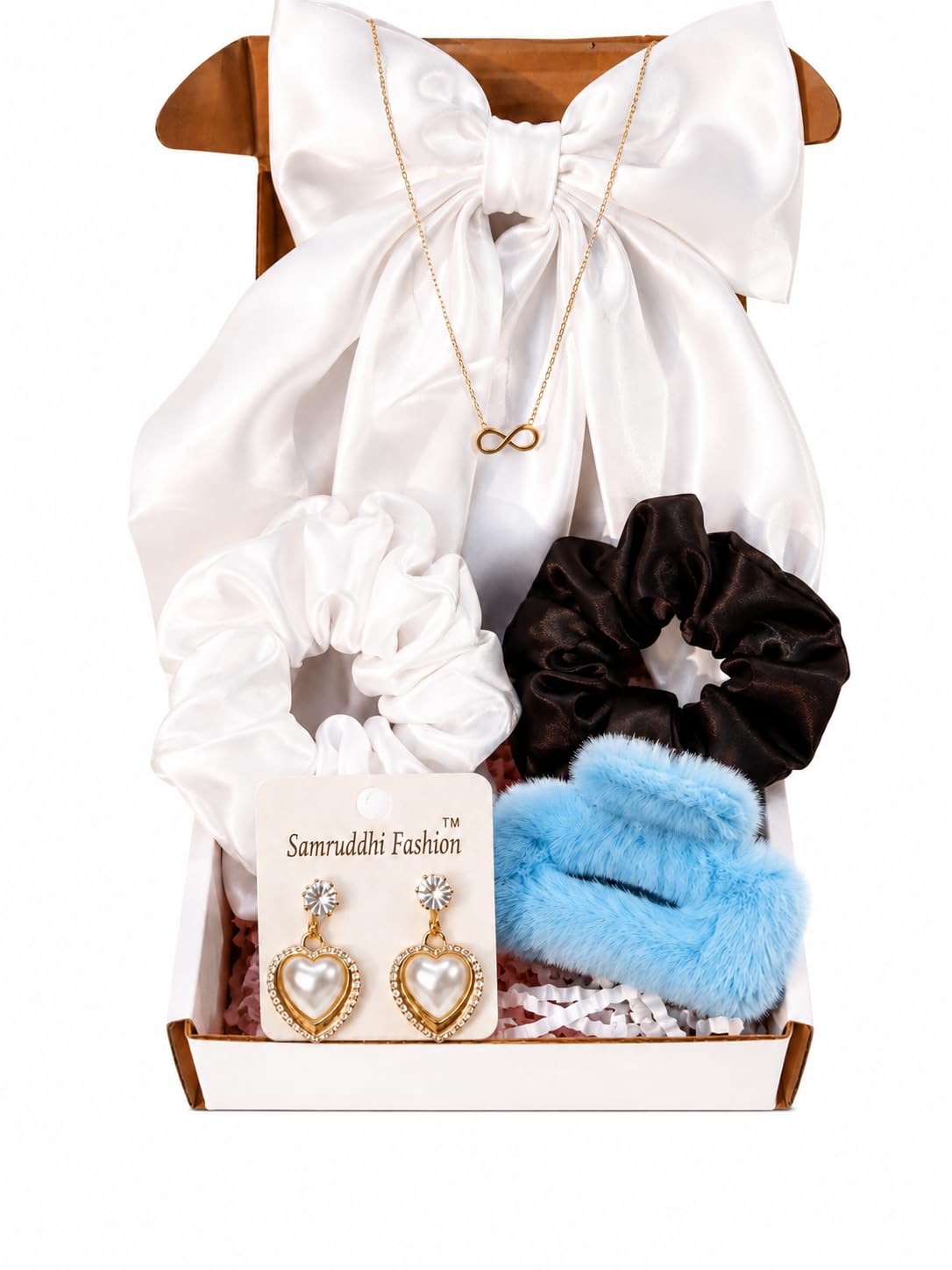 Premium Gift Hamper for Girls & Women | Big Satin Bow, Bow Necklace, Scrunchies,Pearl Hair Accessories Combo, Gift for Birthday-image-36
