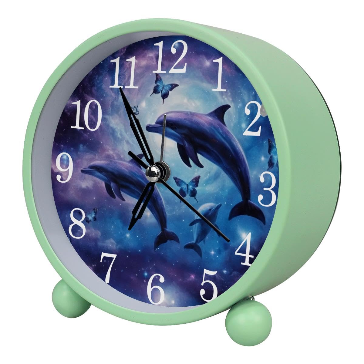 Luoweisi Alarm Clock Dolphins Galaxy, Silent Non-Ticking with Night Light, Round Metal Alarm Clock for Office, Battery Operated, Bedroom, Elderly, Adults, Children, Student Gifts