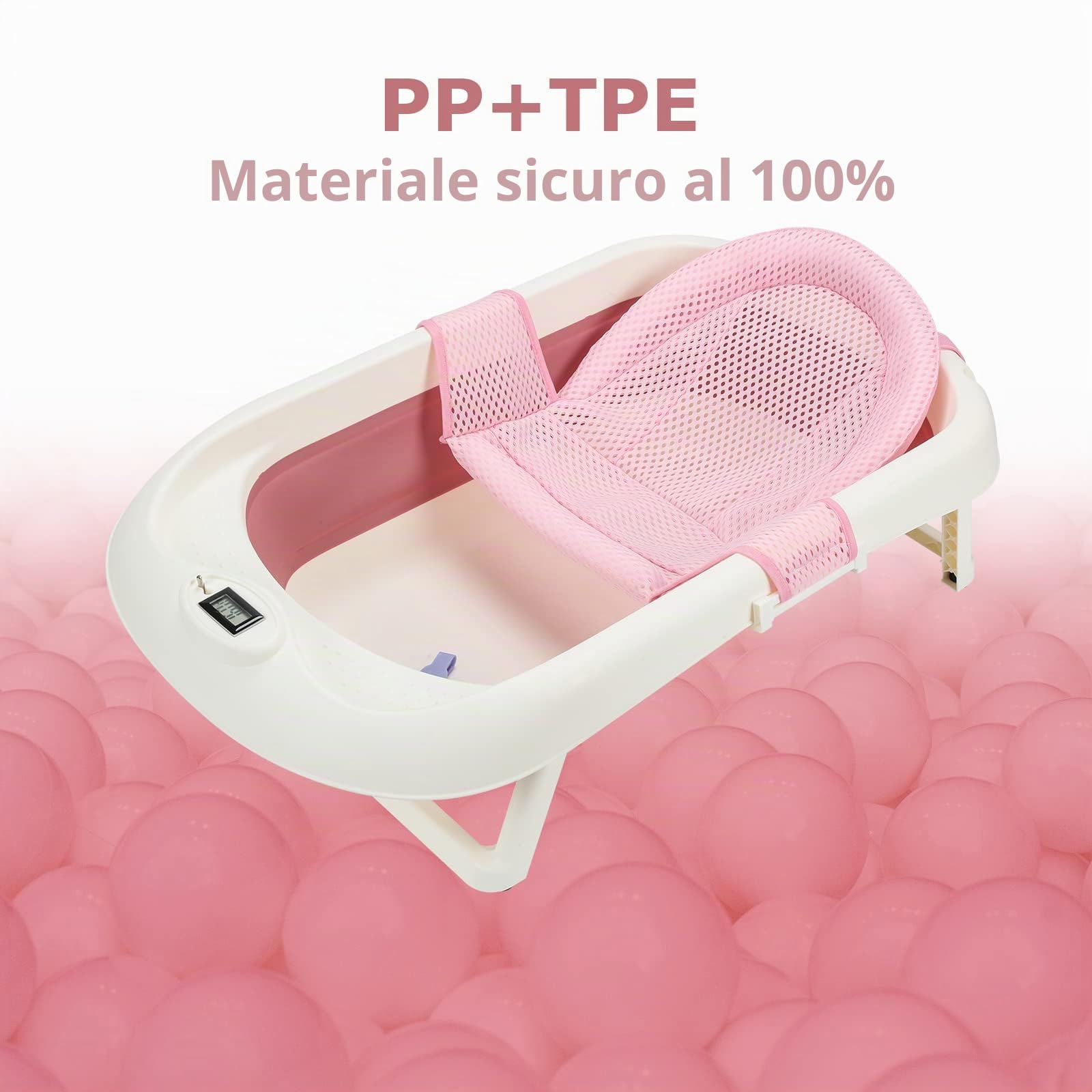 Vasca da bagno pieghevole con termometro, cuscino da bagno, bicchierino per il lavaggio dei capelli, vasca da bagno con struttura a partire da 0 a 3 anni (rosa)