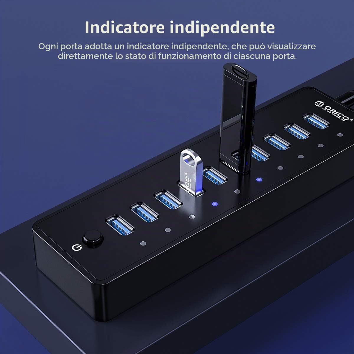 ORICO 10 Portes Hub USB 3.0 con Interruttore di Alimentazione e Adattatore di Alimentazione 45W (12V4A), Hub Dati a 5 Gbps di Alta Velocità per PC Desktop Computer Notebook MacBook iMac