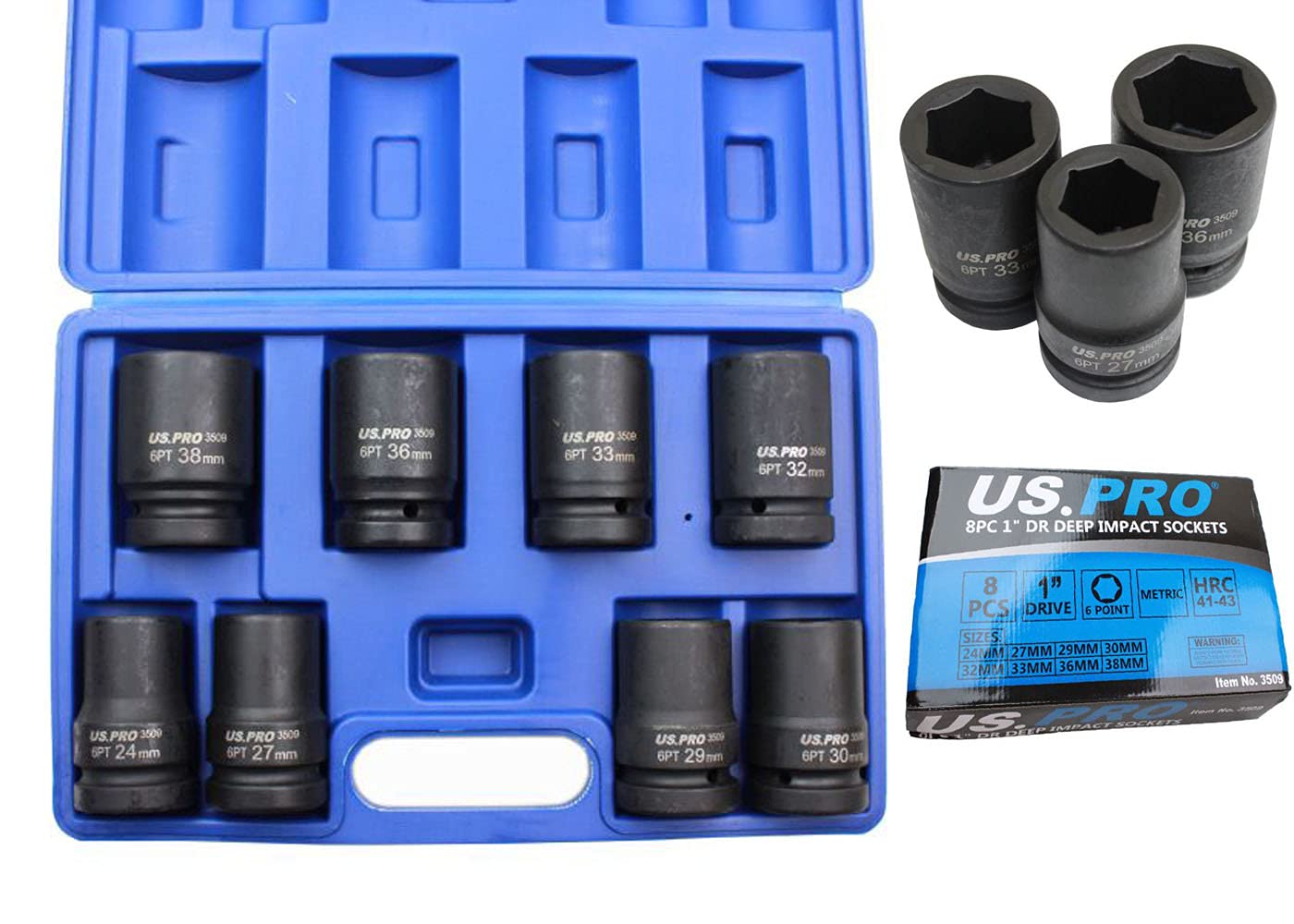 Us Pro Tools 8Pc 1'' Drive 6Pt Deep Impact Sockets Metric 24-38Mm 3509
