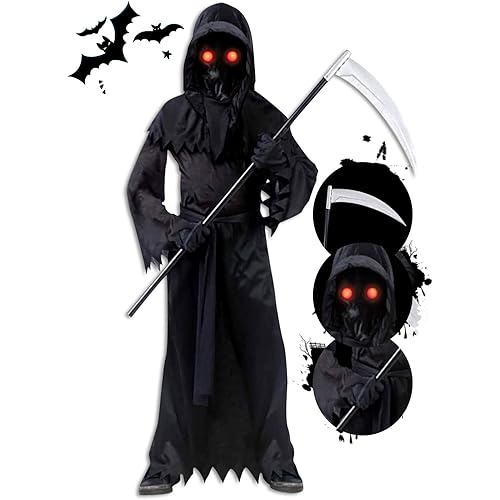 Grim Reaper Halloween Costume for Kids, Scary Halloween Party Makeup Costumes with Glowing Up Eyes for Boys & Girls
