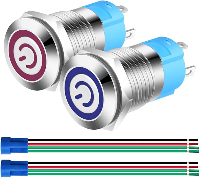 Gebildet 2pcs 0.47"/12mm Stainless Steel Self-locking Latching Push Button Switch 12V-24V 3A Power Symbol LED Normally Open SPST ON Off Waterproof Toggle Switch with Wire Socket Plug (Blue+Red)