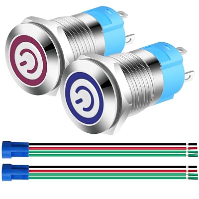 Gebildet 2pcs 0.47"/12mm Stainless Steel Self-locking Latching Push Button Switch 12V-24V 3A Power Symbol LED Normally Open SPST ON Off Waterproof Toggle Switch with Wire Socket Plug (Blue+Red)