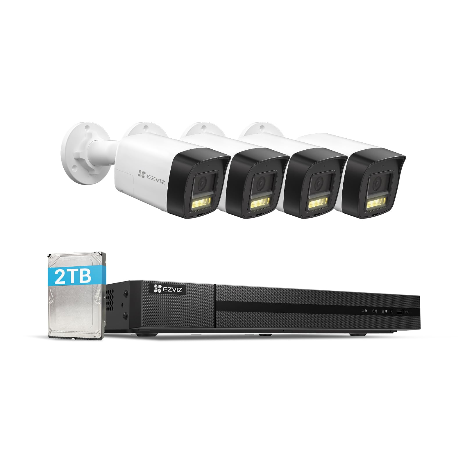 EZVIZ 4K Überwachungskamera aussen Sicherheitssystem, 4X 8MP PoE IP Kamera mit 2TB HDD NVR für 24/7 Aufzeichnung, Farbnachtsicht & Personen-/Fahrzeugerkennung, IP67, H3K PoE Kit