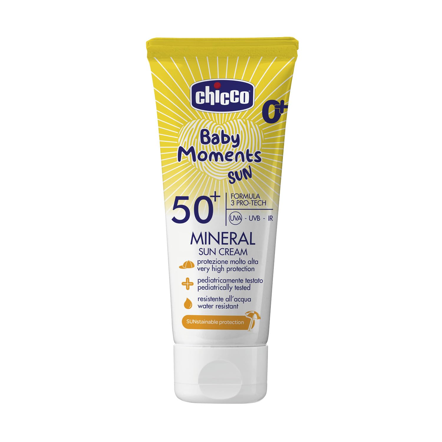 Chicco Crema Solar Mineral SPF 50 +, para Bebés, Resistente al Agua, Excelente Protección contra UVA, UVB e Infrarrojos, 0 Meses +, 75 ml