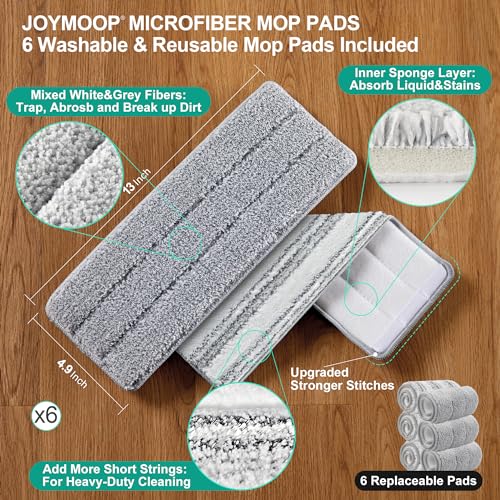 JOYMOOP Mop and Bucket Set with Wringer, Flat Mops for Floor Cleaning, Wall Mop Cleaner with Long Handle, Hardwood Floor Mop with 6 Microfiber Pads