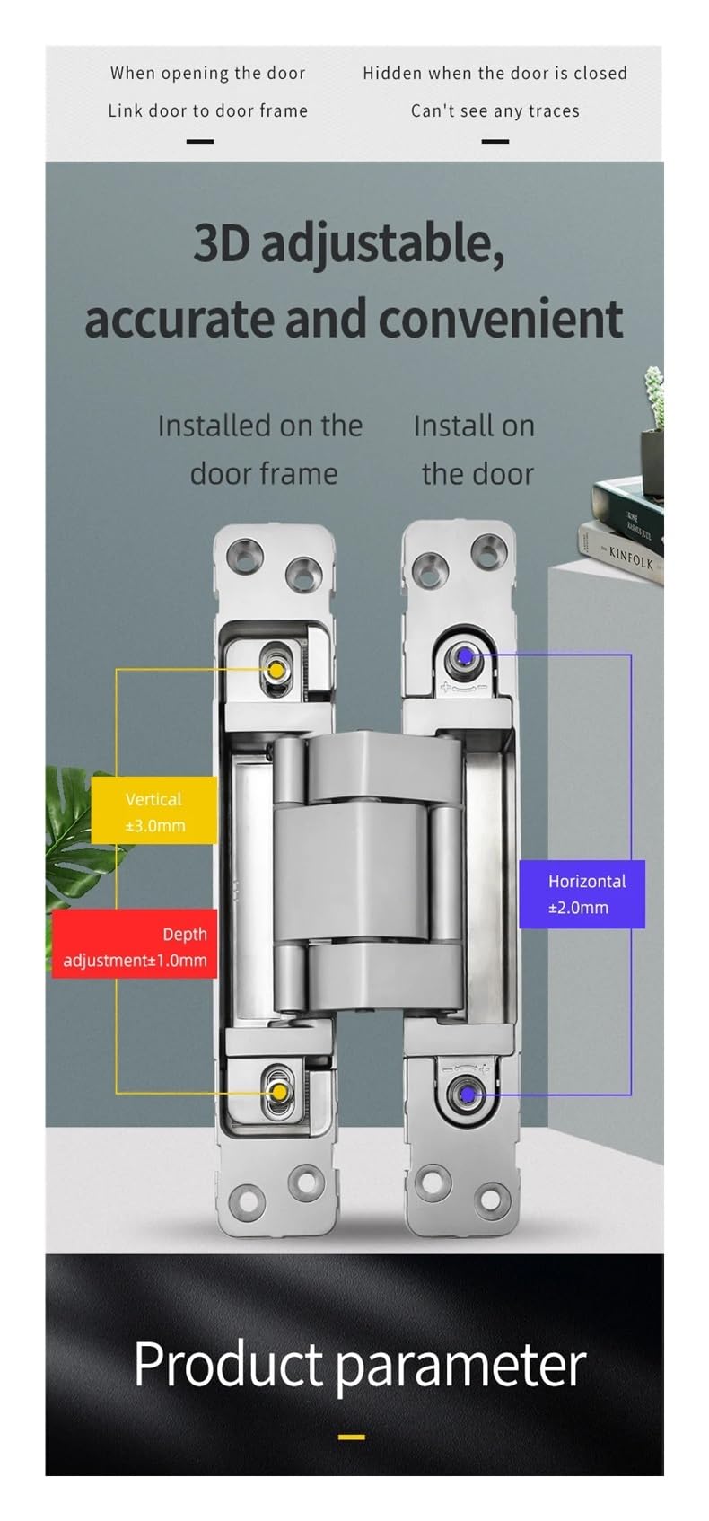 RCH-100-S 100Kg Heavy Duty Door Adjustable Concealed Square Square Door Hinge 180 Degree Mute Cross Hidden Hinge(Sliver)