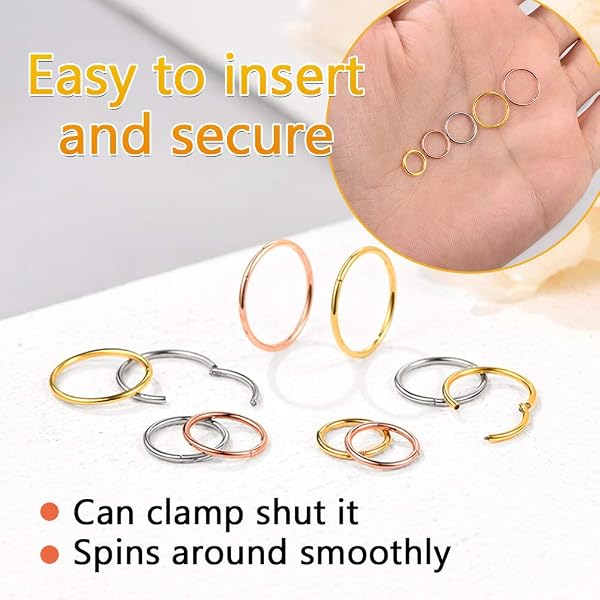 PROSTEEL Un Piercing Nariz Aro Septum Acero Quirurgico, Pendientes Nostril Labio Tragus con Calibre 20G / 18G Grosor, 6-10 mm Diámetro, Plateado/Dorado/Rosado/Negro - 5