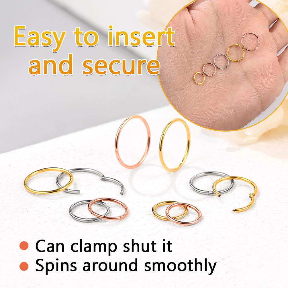 PROSTEEL Un Piercing Nariz Aro Septum Acero Quirurgico, Pendientes Nostril Labio Tragus con Calibre 20G / 18G Grosor, 6-10 mm Diámetro, Plateado/Dorado/Rosado/Negro — view 5