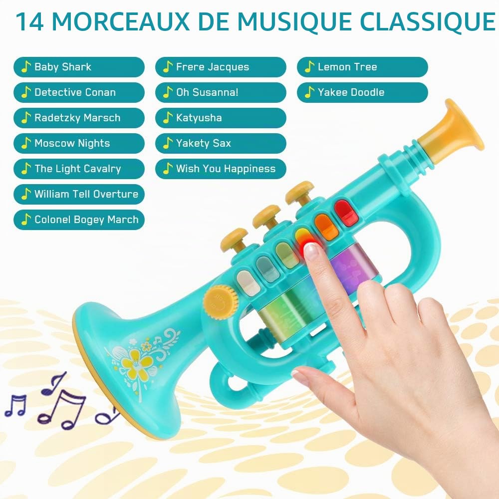 Trompette Portable avec Musique - Instrument de Musique Allumé en Plastique, Jouet pour Enfants (Blue)