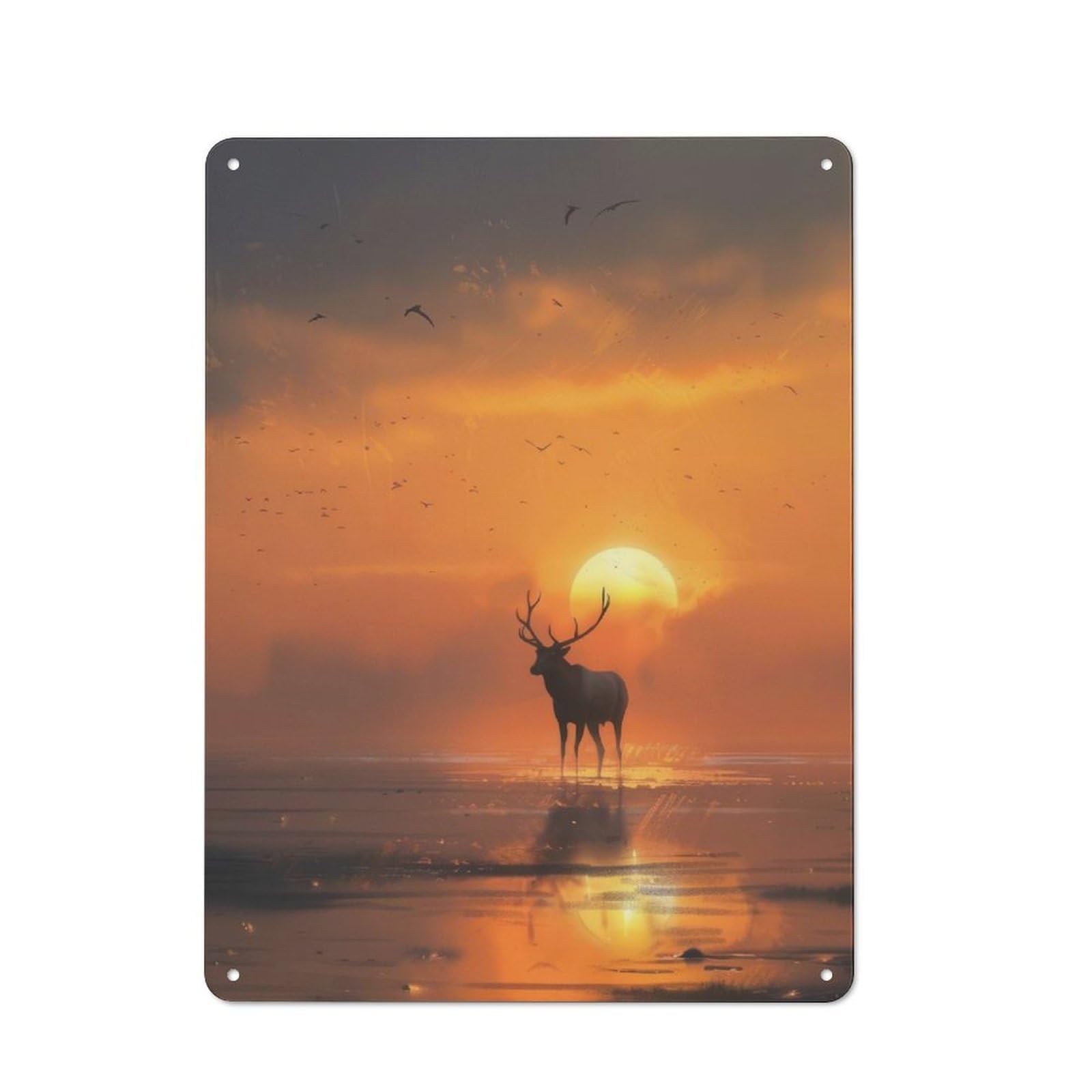 Junmoney Deer Silhouette At Sunset Decorative Tin Sign With Design 40X30cm, Classic Old Style Wall Plaque For Living Room, Hallway, Kitchen Or Cafe