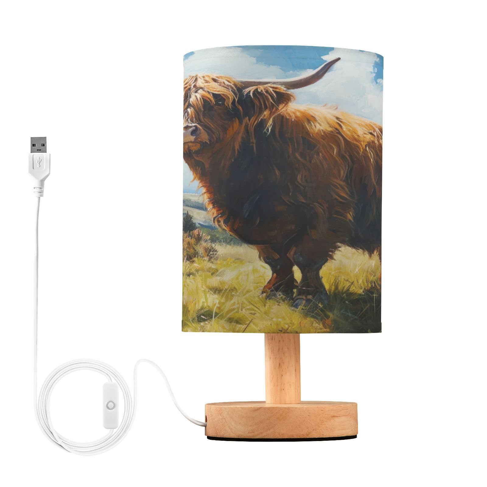 SDMKA Highland Cattle Pattern Bedside Table Lamp for Bedroom, Minimalist Nightstand Lamp with Round Fabric Shade for Living Room, Office, No Bulb Required
