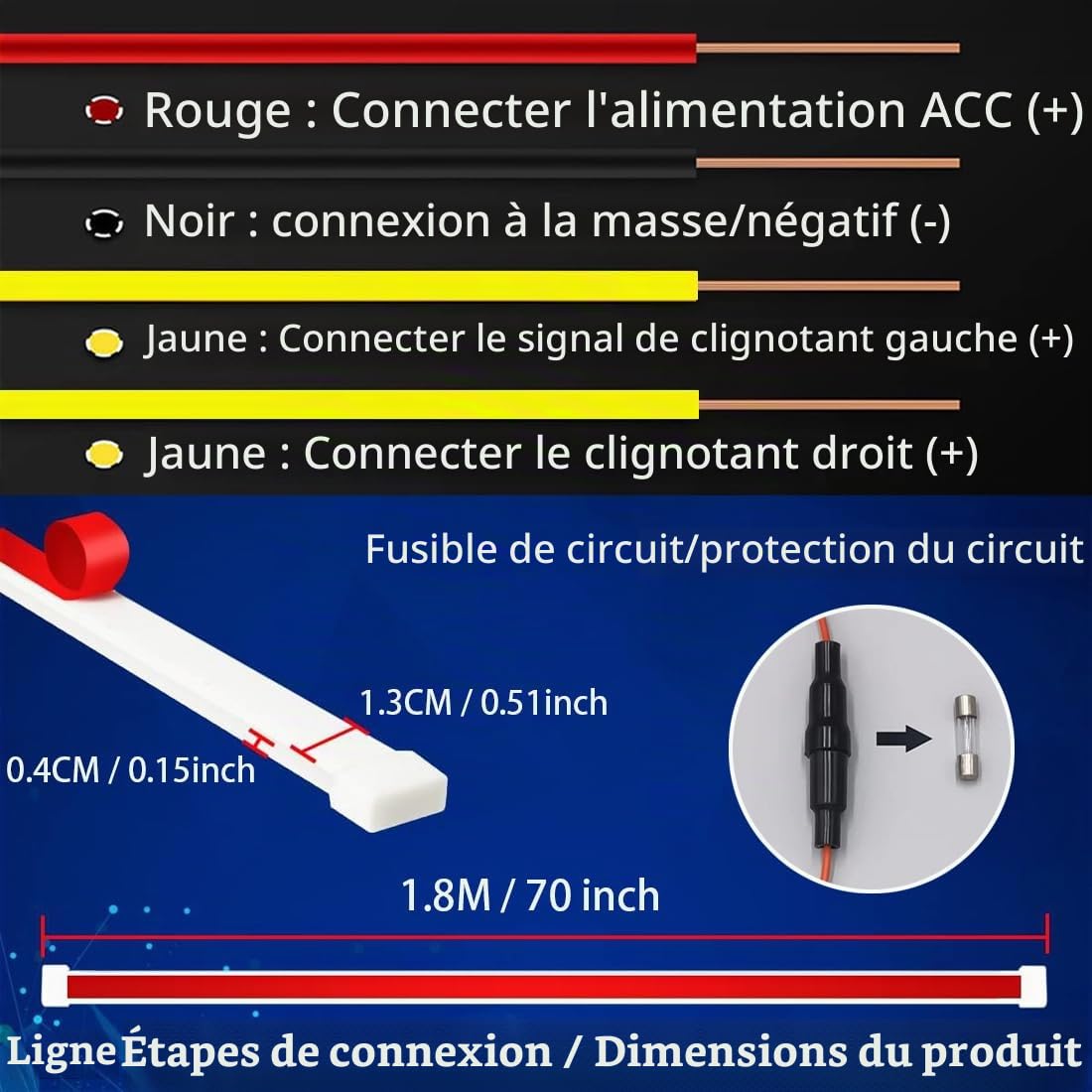 Car Bande Lumineuse LED pour Capot,Bande Lumineuse de démarrage à Balayage Dynamique,Feux de Jour LED avec Clignotants Blancs et Jaunes,adaptés aux Automobiles (70 Pouces/12V)