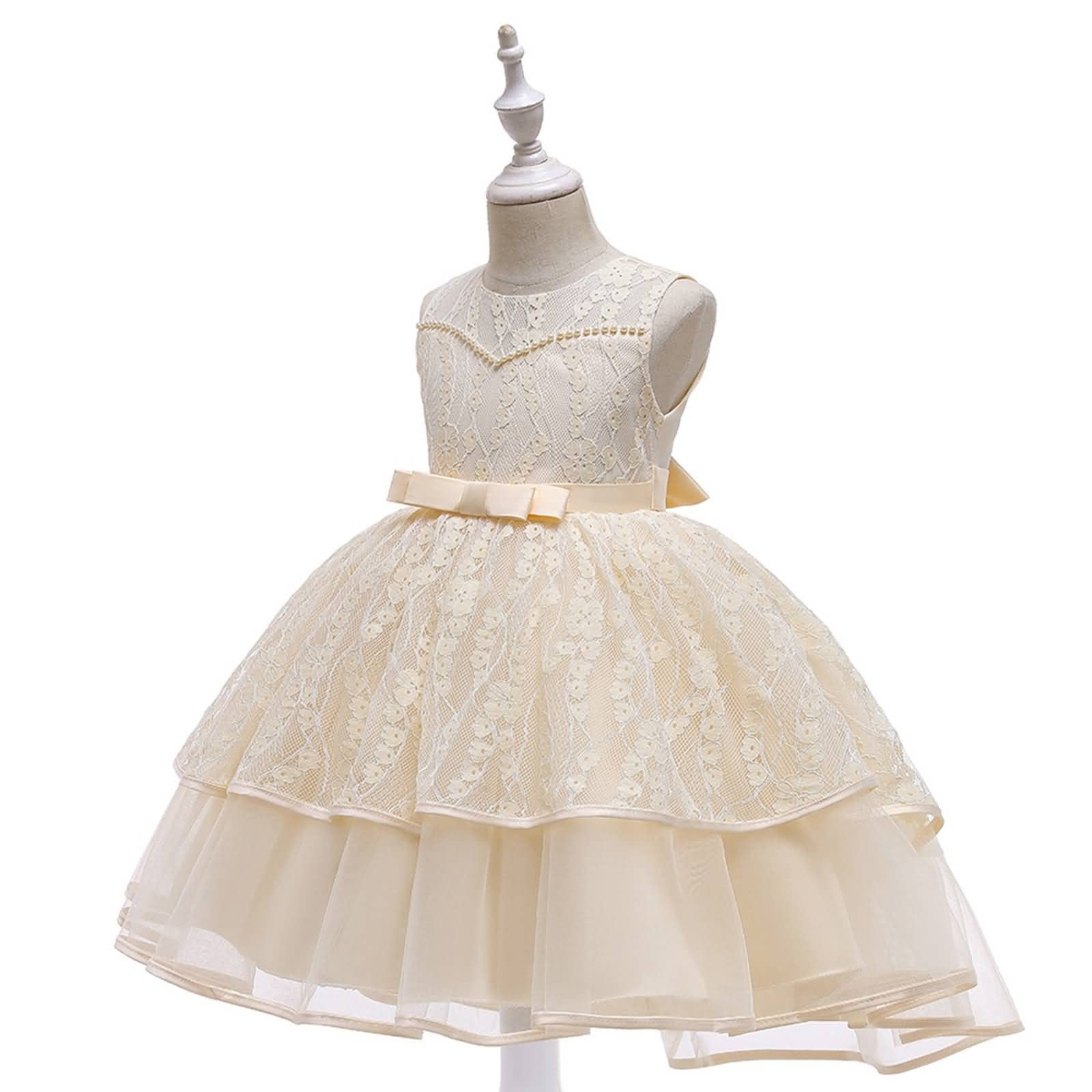 Gualiy Vestido de baile para niñas, vestido de fiesta para niñas de 4 a 10 años, vestido de tul de encaje champán con cuentas y lazo en la cintura sin mangas